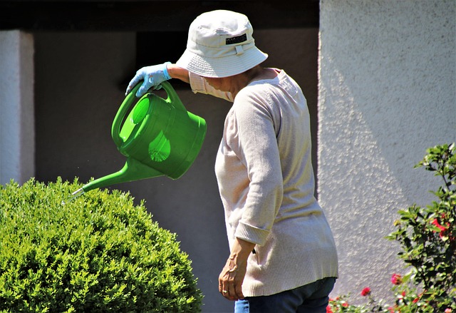 old lady watering plants in garden of residential care home